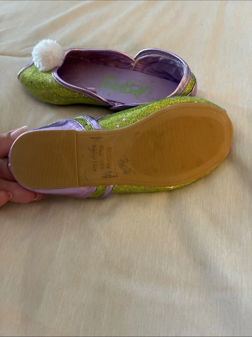 Disney Tinker Bell Green Glitter Girls' Ballet Flats with White Pom-Pom
